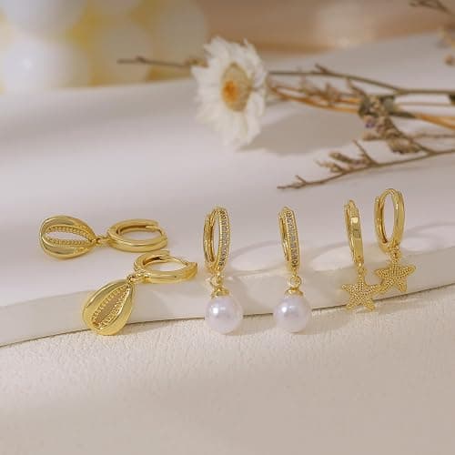 SELFROSE Gold Earrings For Women, Dainty Huggie Earrings Stack 14K Gold Plated Pearl Dangle Earrings for Women Trendy Cute Hypoallergenic Unique Gold Earring Stack Fashion Gold Jewelry Gifts thumbnail 5