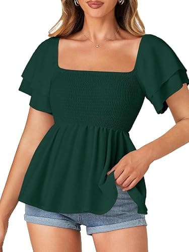 LYANER Women's Square Neck Casual Peplum Top | Summer Ruffle Smocked Short Sleeve Ruched Flowy Babydoll Dressy Blouse Shirts - Image 1