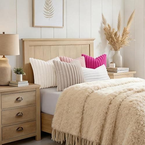 decorUhome Fall Faux Fur Throw Pillow Covers 18x18 Set of 2 Cream White | Decorative Soft Cozy Striped Plush Modern Farmhouse Boho Couch Pillow Cases Velvet Back for Sofa Bed Living Room Home Decor thumbnail 6
