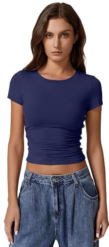 QINSEN Short Sleeve Shirts for Women Round Neck Basic Double Lined Tees Fitted Y2k Crop Tops thumbnail 5