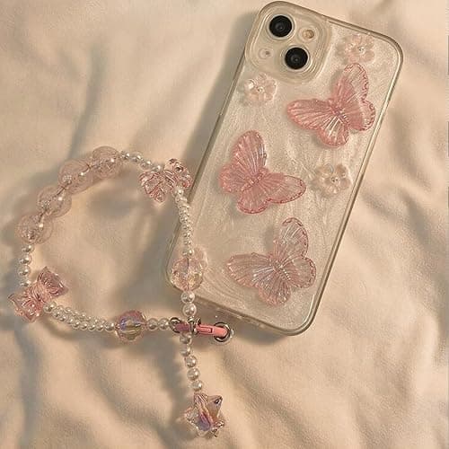 Changjia for iPhone 17e/16e Glitter Butterfly Case,Cute Girly 3D Flower Floral Crystal Pearl Bling Sparkle with Wrist Strap Chain Soft TPU Aesthetic Women Girls Phone Case for iPhone 17e/16e 6.1",Pink thumbnail 4