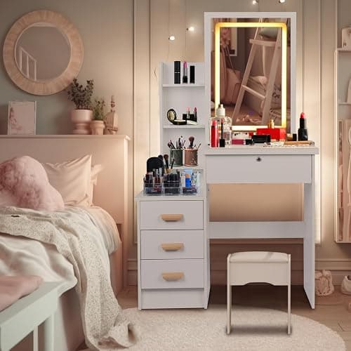 Dressing Table,LED Lights with Adjustable Brightness,Vanity Table with Mirror,4 Drawers,6 Storage Shelves,Makeup Table with Mirror and Stool,Dressing Table with Lighted Mirror,Modern Bedroom Dresser thumbnail 5