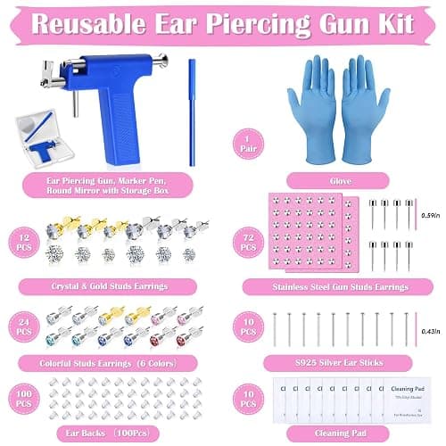 Ear Piercing Gun Kit, Reusable Ear Nose Piercing Gun Machine with Stainless Steel Piercing Earrings Studs, Crystal Earrings for At Home Salon Earlobe Cartilage Helix Tragus Piercing Tool Set thumbnail 6
