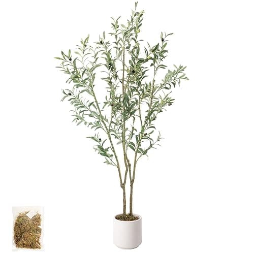 MCTYBB Olive Trees Artificial Indoor,Fake Olive Tree 6FT Tall 1Pack with White Planter, Faux Silk Olive Tree with Natural Wood Trunk and Realistic Leaves Artificial Tree for Home Office Decor - Image 1
