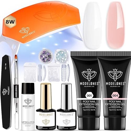 Modelones Poly Nail Gel Kit Builder Extension Gel Nude White French Colors with Nail Lamp Slip Solution Rhinestone Manicure Complete Kit DIY Art Design Beginner Gift - Image 1