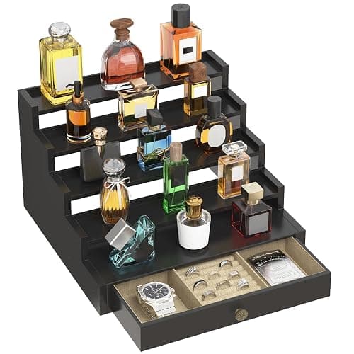 MODOWEY Perfume Organizer Cologne Holder Stand for Men, Wooden Wide-Spaced Shelf with Drawer, 5 Tier Large Capacity Storage Rack for Dresser Countertop, for a Neat, Accessible Fragrance Display, Black - Image 1