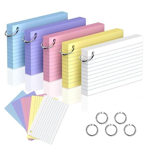 250 Count Colored Index Cards 3 x 5 Inch, Lined Flash Cards with Key Ring, Ruled Note Cards for Office Use, Portable Note Taking Study Flashcards for Home and School - Image 1