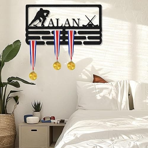 Personalized Medal Hanger Display with Name & Patterns, Custom Metal Medal Holder Display Rack Frame for Awards Ribbons, 3 Rungs Tiered Award Rack for Sports, Running, Soccer, More thumbnail 3