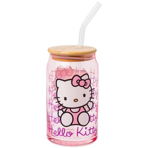 Silver Buffalo Sanrio Hello Kitty Waving Pink Glass Jar Tumbler with Bamboo Lid and Glass Straw, 16 Ounces | Sanrio, Waving, Jar, Tumbler, Bamboo Lid, Glass Straw - Image 1