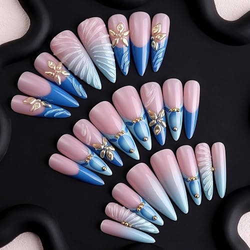 Almond Press on Nails Blue French Tip Fake Nails with Gold 3D Flower Water Ripple Designs Full Cover Acrylic Nail False Nails Long Glossy Stick on Nails for Women Girls Manicure Decor 24 Pcs thumbnail 3