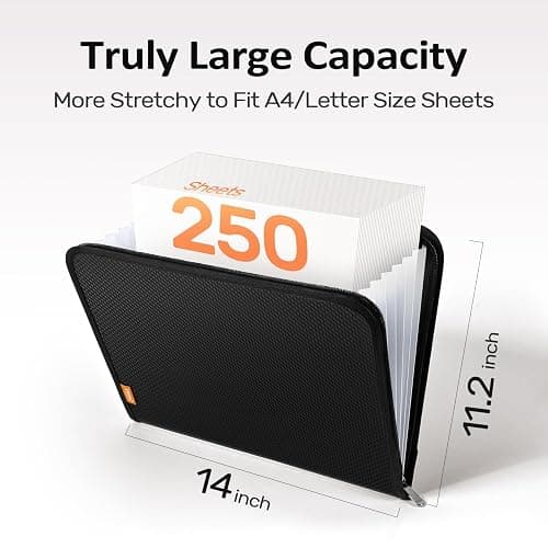 Sooez 7 Pockets Accordion File Organizer, Zipper Expanding File Folder, Heavy Duty Folder Organizer, Sleek Letter Size Accordion Folder, Portable Expandable File Folder, 14 x 11.2 Inch, Black thumbnail 3