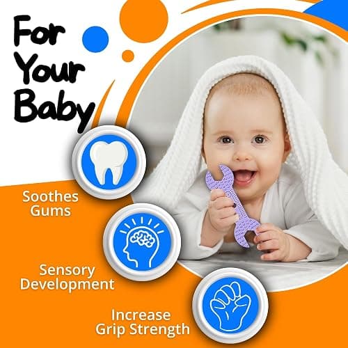 LaNoah Toys Infant Teething Tools Set: Includes 2 Clips! Soft BPA Free Teething Toys, 5 Piece Construction Set, Baby Boy Essentials Einstein, Gift for Infant Toddler Boy Girl thumbnail 7