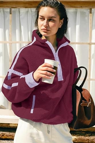 Panadila Womens Half Zip Sherpa Fleece Pullover Soft Oversized Sweatshirt with Pockets Warm Fuzzy Sweater thumbnail 4