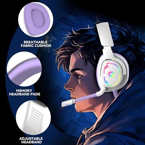 Jimonyer Gaming Headset for PS5 PS4 PC Xbox Series X|S Switch, 7.1 Stereo Surround Sound Over Ear Headphones with Noise Canceling Mic, RGB LED Light, Soft Memory Earmuffs for Gaming or Work, Purple thumbnail 6