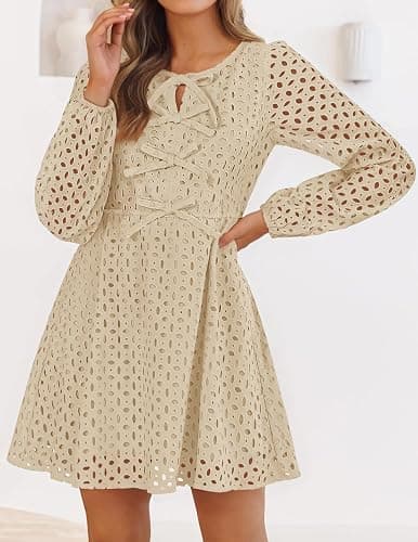 ZESICA Womens Fall Cute Hollow Out Long Sleeve Mini Dress | Crewneck, Tie Front, Eyelet Babydoll Dress, A-Line Short Dress, Casual Party Dress thumbnail 3