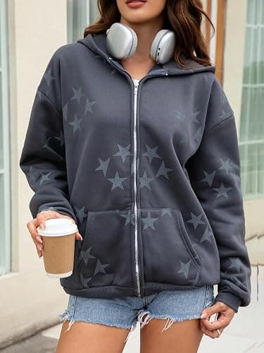 Tuislay Women Star Graphic Zip Up Hoodies Y2k for Teen Girls Oversized Streetwear E-Girl 90s Baggy Grunge Sweatshirt Jacket thumbnail 5