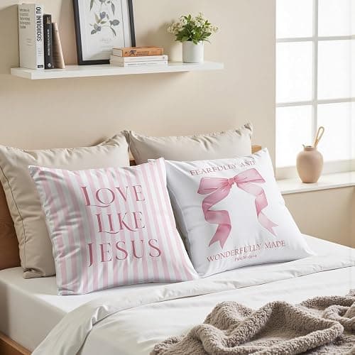 GTYNU Coquette Pink Bow Christian Throw Pillow Covers 18x18 Set of 2,Pink Bow Christian Room Bedroom Dorm Decor Aesthetic for College Teen Girls Gifts, Inspirational Bible Verses Bow Pillowcase（03） thumbnail 5