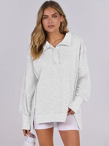 ANRABESS Women's Sweatshirts Oversized Casual Loose Button Up Henley Pullover Top High Low Split 2025 Fall Fashion Outfits thumbnail 5
