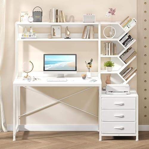 YOMILUVE Reversible Computer Desk with Hutch, Home Office Desk with Drawers and Bookshelf, 52'' Study Writing Desk with Storage Shelves for Bedroom Home Office, White - Image 1