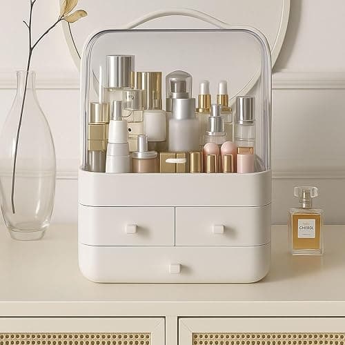Neo Acrylic Makeup Organiser with Lid & Drawers Portable Dustproof Cosmetic Storage Box for Vanity, Bathroom Bedroom Countertop Skincare & Beauty Organiser (White) thumbnail 8