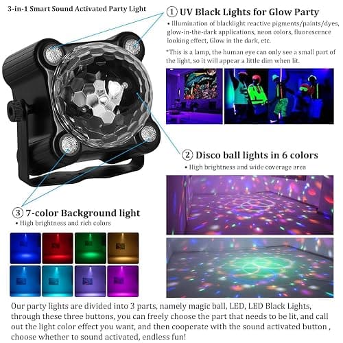 Laucnpty Disco Ball Party Lights Sound Activated Strobe DJ Stage Lighting for Indoor Room Outdoor Dance Floor Parties Birthday Rave Home Karaoke Halloween Christmas Wedding Show Bar Club Decorations thumbnail 3