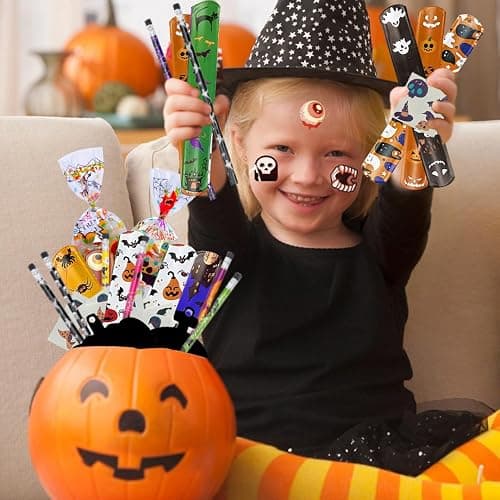 WOONOO 24 Pack Halloween Goodie Bag Stuffers Stationery Set, Assorted Halloween Party Favors for Kids Toys Bulk Non Candy Halloween Treats Pencils, Eraser, Slap Bracelets thumbnail 5