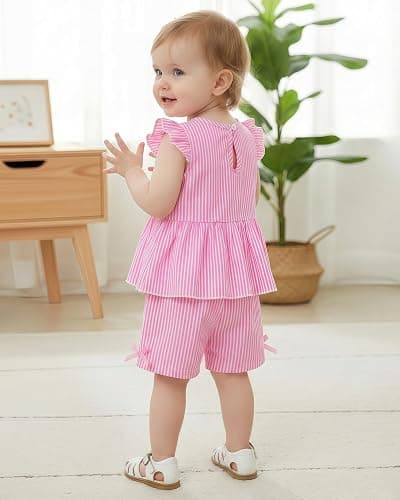 Jecson Toddler Baby Girl Summer Clothes Cotton Ruffled Sleeve Shirt Tops and Shorts Set Outfits 12Months-4T thumbnail 4
