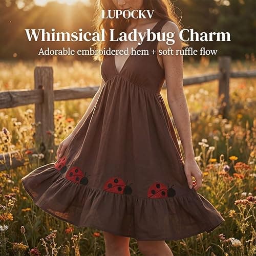 Ladybug Babydoll Dress Sleeveless Deep V Ruffle Mini Brown Linen Blend Sundress Embroidered Hem Bohemian Cottagecore thumbnail 2