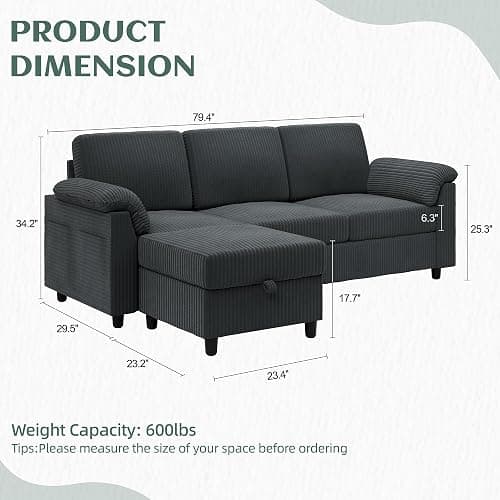 Vongrasig Convertible Sectional Sofa Couch, 3 Seat L Shaped Sofa with Removable Pillows Soft Corduroy Fabric Small Couch Mid Century for Living Room, Apartment and Office (Gray) thumbnail 2