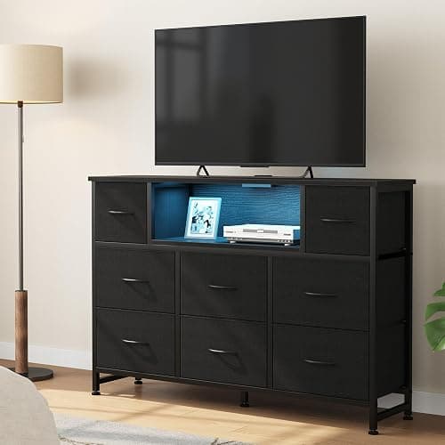 DUMOS TV Stand Dresser with 8 Fabric Drawers and Open Shelves, LED Entertainment Center with Charging Station, Wood Top Media Console for 45-55 inch TV Stand, Bedroom, Black thumbnail 8