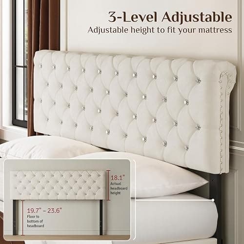 Belffin Full Bed Frame with Storage Drawer and Diamond Adjustable Tall Headboard, Modern Velvet Platform Bed Frame with Wingback Design, No Box Spring Needed, Easy Assembly, White thumbnail 3