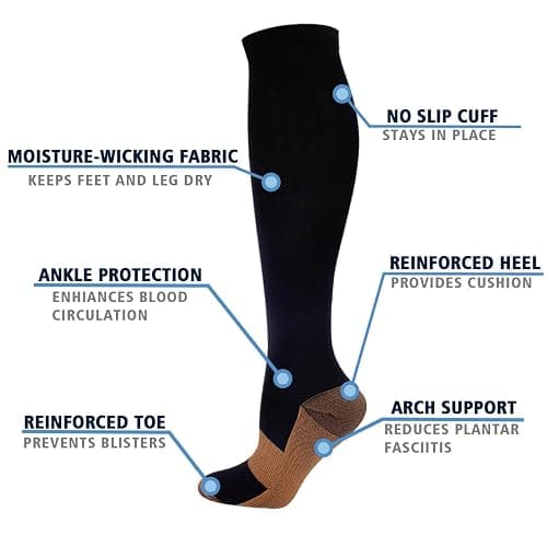 Double Couple 7 Pairs Copper Compression Socks for Men Women 20-30 mmHg Knee High Stockings - Large-X-Large - Black thumbnail 6