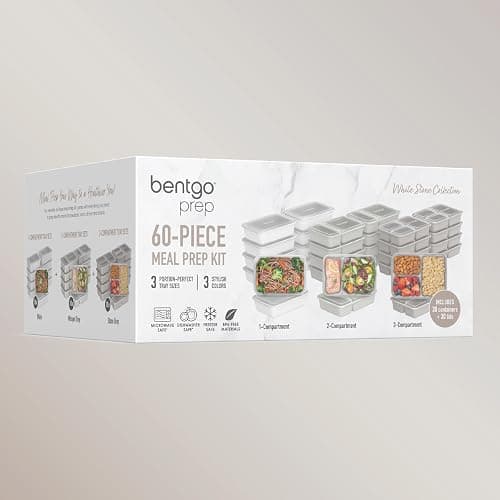 Bentgo Prep 60-Piece Meal Prep Kit - Reusable PFAS & BPA-Free Food Containers, 1-Compartment, 2-Compartment, & 3-Compartments - Microwave, Freezer, & Dishwasher Safe (White Stone) thumbnail 8