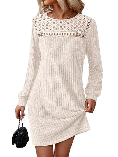 AUTOMET Womens Long Sleeve Dresses Casual Fall Sweater Dress Work Winter Fashion 2025 Crew Neck Lace Mini Dressy Sexy Clothes - Image 1