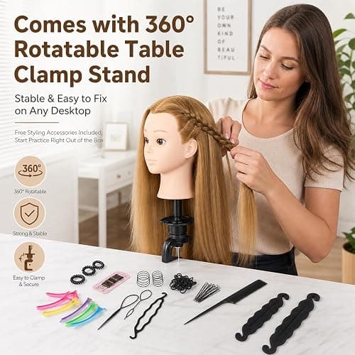 Headdoll 26"-28" Mannequin Head Styling Mannequin Head for Hair Styling and Free Table Stand Training Head Manikin Cosmetology Doll Head with Long Fiber Hair Hairdresser Practice Head for Stylist thumbnail 6