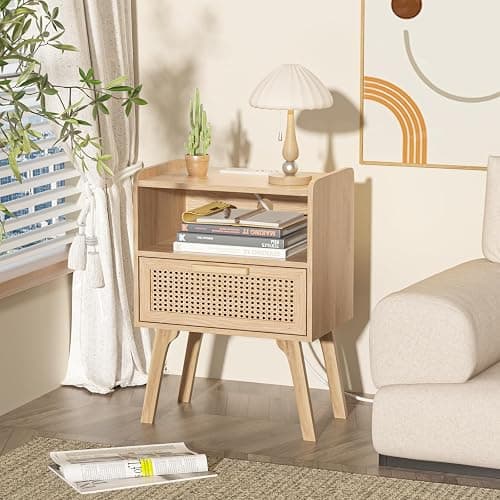 Lerliuo Rattan Nightstands Set of 2 with Charging Station, Boho Night Stand | Handmade Natural Rattan Drawer and Open Shelf, Side End Tables with Solid Wood Legs for Bedroom, Dorm, Small Spaces thumbnail 7
