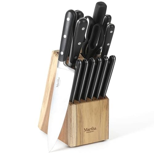 Martha Stewart Eastwalk 14 Piece High Carbon Stainless Steel Cutlery Knife Block Set w/ABS Triple Riveted Forged Handle Acacia Wood Block - Matte Black - Image 1