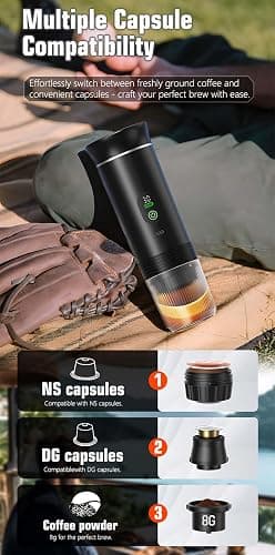 VHV Cafetière Portable 3 en 1,Rechargeable Cafetière Portable de Voyage,12V Expresso Machine a Cafe pour Capsule,Café Moulu,pour Camping,Voyage,Bureau,Voiture,Maison (Gris) thumbnail 7