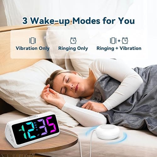 Netzu Loud Alarm Clock for Heavy Sleepers, Plug-in RGB Vibrating Alarm Clocks with Bed Shaker, 5 Dimmers, 2 Alarms and Snooze for Bedrooms Hearing Impaired Deaf Adults (White) thumbnail 3