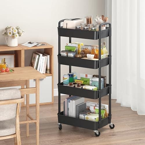 Sywhitta 4-Tier Plastic Rolling Utility Cart with Handle, Multi-Functional Storage Trolley for Office, Living Room, Kitchen, Movable Storage Organizer with Wheels, Black thumbnail 2