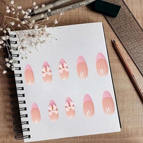 24pcs French Tip Press on Nails Short Almond Fake Nails with Charm Designs Cute Bow False Nails Full Cover Glue on Nails Pink French Tip Artificial Nails for Women Girl Nail Decoration thumbnail 5