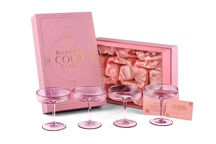 GLASSIQUE CADEAU Vintage Art Deco Blush Pink Coupe Glasses with Gold Rims | Set of 4 | 7 oz Crystal Ribbed Cocktail Glassware for Drinking Champagne, Martini, Cosmopolitan | Girly Speakeasy Saucers thumbnail 6