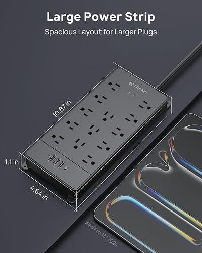 TROND Surge Protector Power Bar with USB C, 4000 Joules, ETL Listed, 13 Widely Spaced Outlets, 5ft Flat Plug Extension Cord Indoor, 14AWG Heavy Duty, Wall Mountable for Home Office Supplies, Black thumbnail 7
