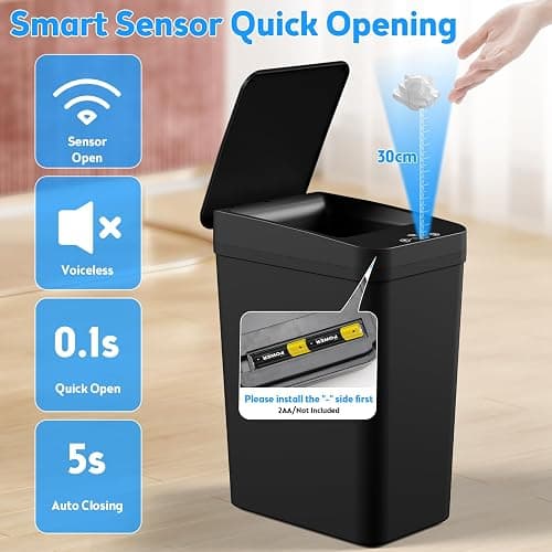 Bathroom Trash Can with Lid, KOEYLE 2 Pack 2.2 Gallon Automatic Touchless Garbage Can, Small Motion Sensor Smart Trash Can, Slim Waterproof Trash Bin for Bedroom, Bathroom, Office, Living Room (Black) thumbnail 8