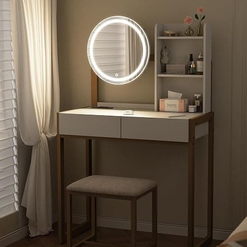 Small Vanity Desk with Mirror and Lights, Makeup Vanity Table with LED Mirror, 3 Lighting Modes, Power Outlet, Drawer, Open Shelves and Cushioned Stool for Bedroom (Gold) thumbnail 6