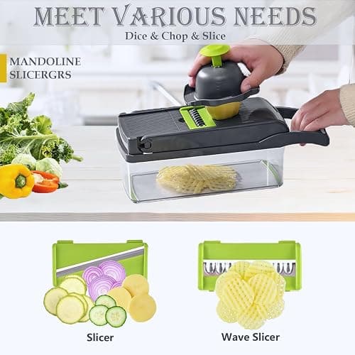 Vegetable Chopper Dicer with Container | Cheese Grater Mandoline Slicer Cabbage Shredder French Fry Cutter Stainless Steel for Veggie Onion Potato Fruit Food, Manual Hand Cooking Gadget for Kitchen thumbnail 4