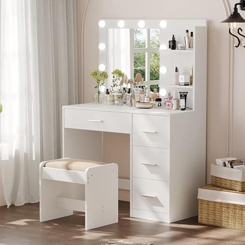 Rovaurx Vanity Desk with Mirror and Lights, Makeup Vanity Table with Storage Shelves and 4 Drawers, Bedroom Dressing Table, 10 LED Lights, 3 Color Modes & Adjustable Brightness, White thumbnail 3