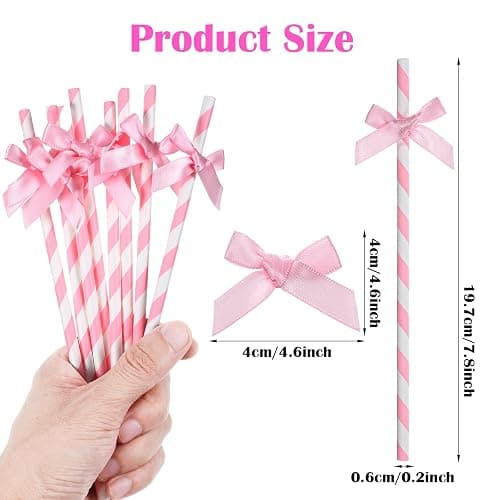 30Pcs Pink Paper Straws for Drinking, Cute Pink Bow Party Straws Bulk for Juice Coffee Tea Cocktail Milkshake thumbnail 3