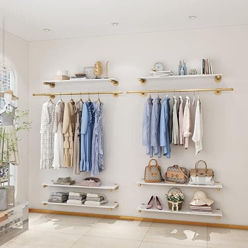 HOMEKAYT Industrial Pipe Clothing Rack Wall Mounted Garment Rack with 3-Tier Wooden Shelf Vintage Hanging Rack for Bedroom, Living Room - Gold thumbnail 4