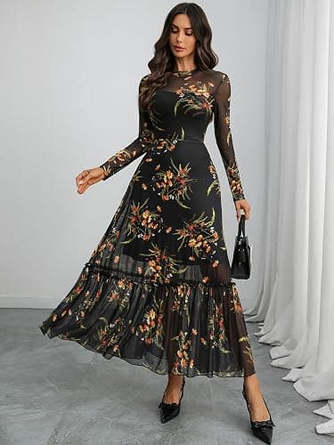 GothDark Womens Floral Mesh Dress Long Sleeve Round Neck A Line Gothic Vintage Casual Wedding Guest Maxi Dresses thumbnail 3